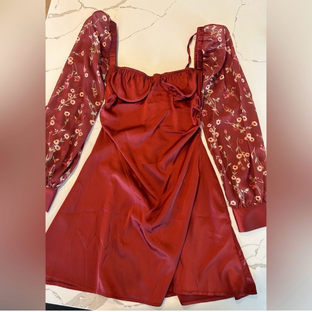We Wore What Red Floral Long Sleeve Dress